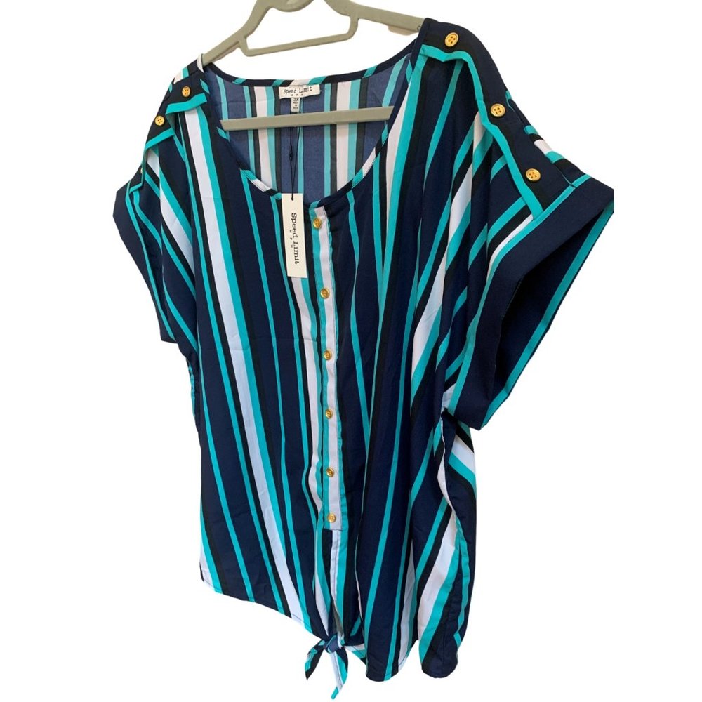 NWT Aqua Blues Slimming Vertical Stripes Tie Gold Buttons Pullover Blouse Sz 3X